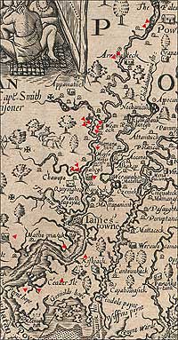 The
approximate locations of twenty-one of the English settlements or houses
attacked by the Powhatans in 1622 are indicated on this James River Valley-
extract of Virginia map