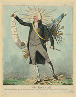 Issac Cruikshank presents Thomas Paine for sale: <em>Wha wants me?</em> Scottish vernacular for <em>Who wants me?</em> Trampling on discarded traditions, he retails radicalism and revolution.