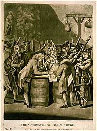 In a print from London,The Alternative of WilliamsBurg, the mother country barbed the ingrate American rebels for their coercion and violence against Loyalists.