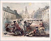 An early casualty of the Revolution was a runaway
slave, Crispus Attucks, killed by British soldiers in the 