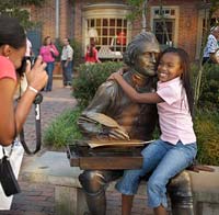 A bronze statue of Thomas Jefferson sits in Williamsburg’s Merchants Square and invites company from passersby.