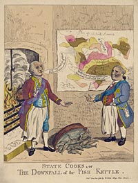 George III laments the loss of his fishy colonies to Lord North, “Boreas.”