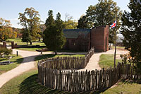 The palisades and rounded bulwark—cannon emplacement—were re-created on top of the excavated post holes of the 1607 fort.