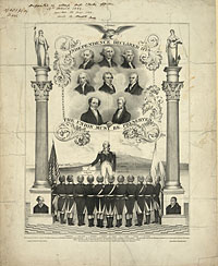 From around 1840, a tribute to the Revolution and the Declaration of Independence, with the first eight presidents and George Washington facing a file of soldiers representing the colonies. But in its beginnings, the union harbored the seeds of destruction.