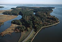 Historic Jamestown Island today, on the banks of the James River, site of the first permanent English settlement in the New World in 1607.