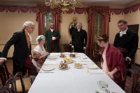 Jefferson and dinner guests, interpreters Dale Trowbridge, Annalise Weindel, Stephen Seals, Stacy Hasselbacher, and Joseph Ziarko.